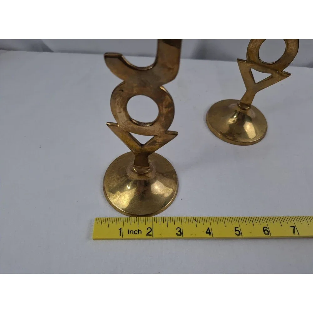 Vtg International Silver Co. Solid Brass JOY Candlestick Holders Set of 2 India